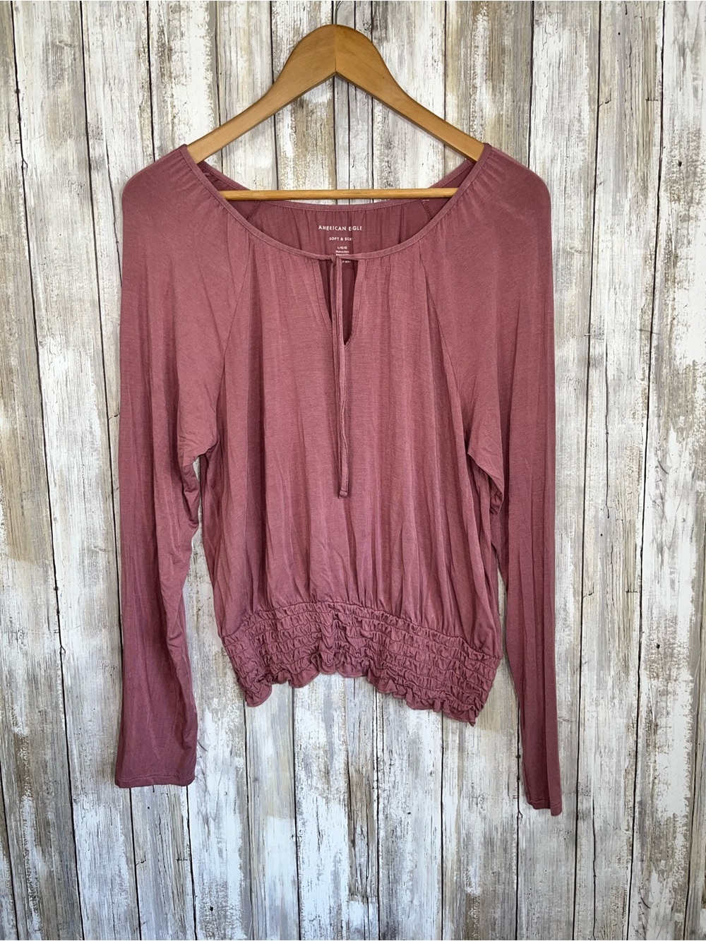 NWT American Eagle Soft & Sexy Smocked Waist Blouse Large Mauve Pink Long Sleeve - Picture 1 of 5